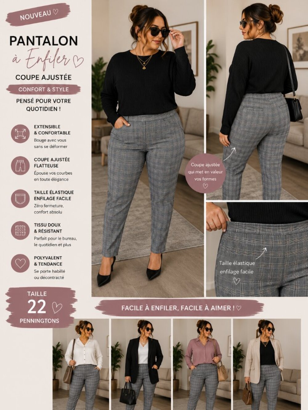 Penningtons Pull-On Plaid Pants – Plus Size 22 – Stretch Slim Fit Office Chic